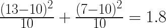 \frac{(13 - 10)^{2}}{10} + \frac{(7 - 10)^{2}}{10} = 1.8