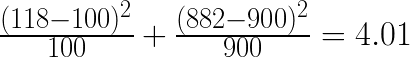 \frac{(118 - 100)^{2}}{100} + \frac{(882 - 900)^{2}}{900} = 4.01